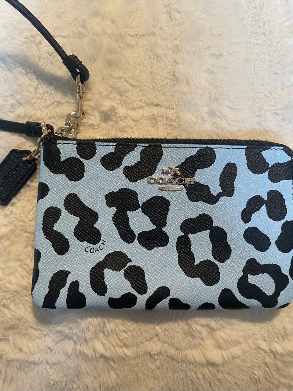 Coach Light Blue and Black Leopard Print Wristlet